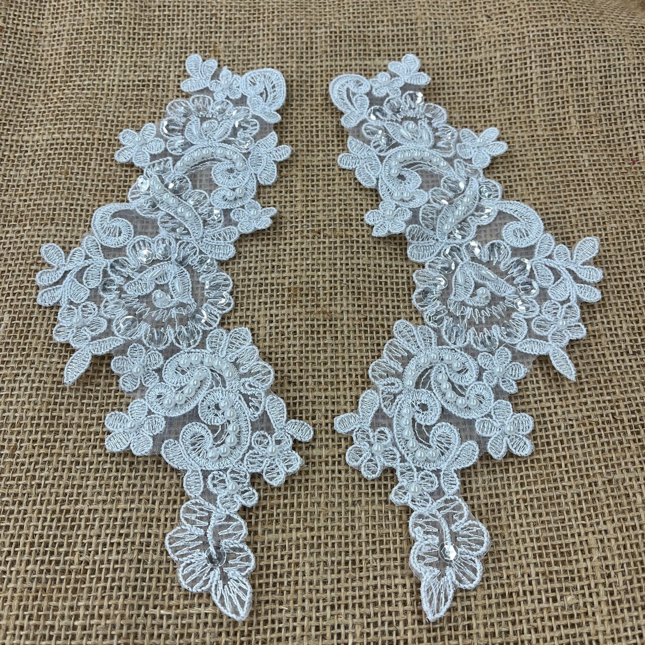 1 Pair 9" x 3" Each Side Beaded & Corded Floral Lace Applique Organza
